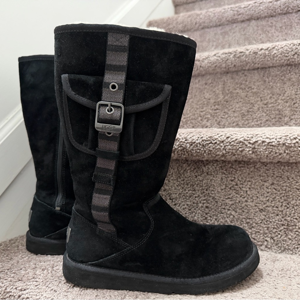 UGG Black Suede Boots with Strap Detail